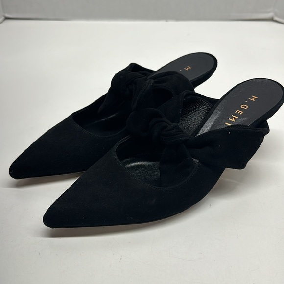 M Gemi Lasso Suede Pointed Toe Tie Bow Heeled Open Back Mules Shoes Black US 6.5 - Picture 2 of 11